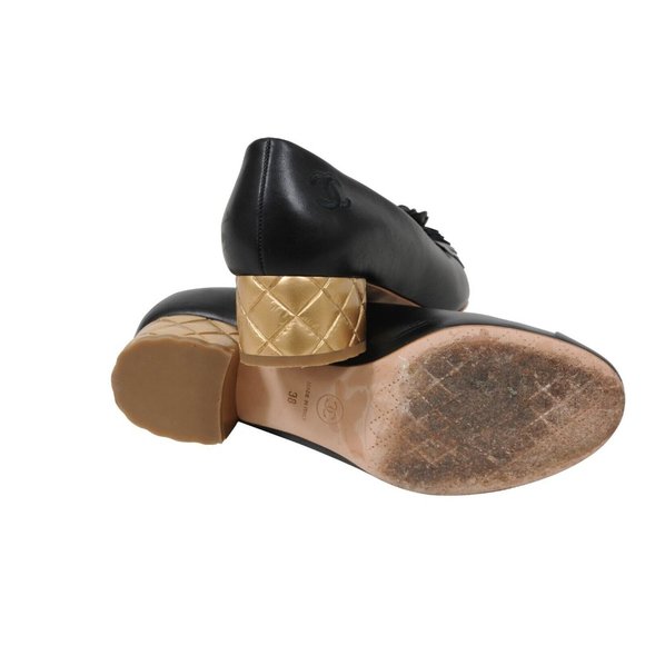 Chanel Womens Camellia Ballet Pumps Size 8 US 38 Black Leather Flower Gold Heels - Picture 7 of 8